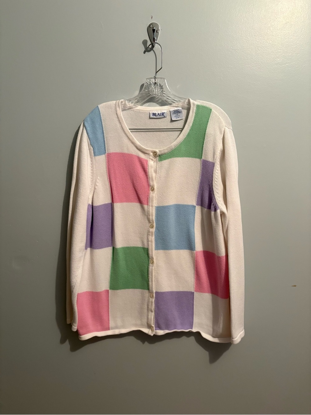 Vintage Blair Multicolor Knit Crewneck Cardigan Sweater 100% Cotton Green Pink